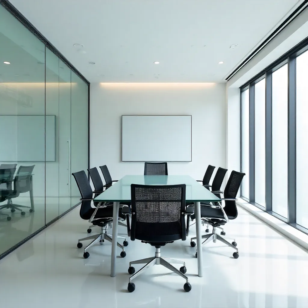 Minimalist Glass-Walled Conference Room with Long Table