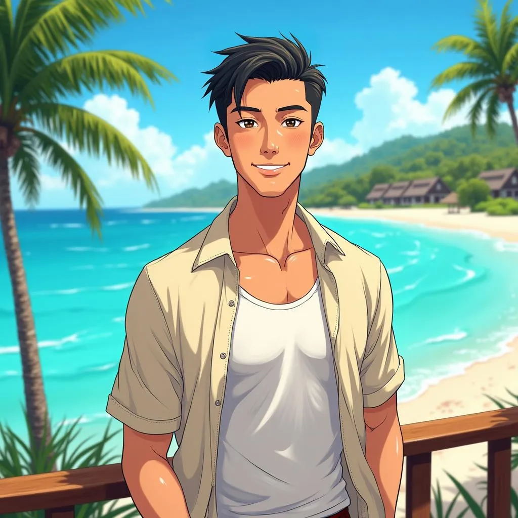 Handsome Asian Man at a Beach Resort - Anime Style