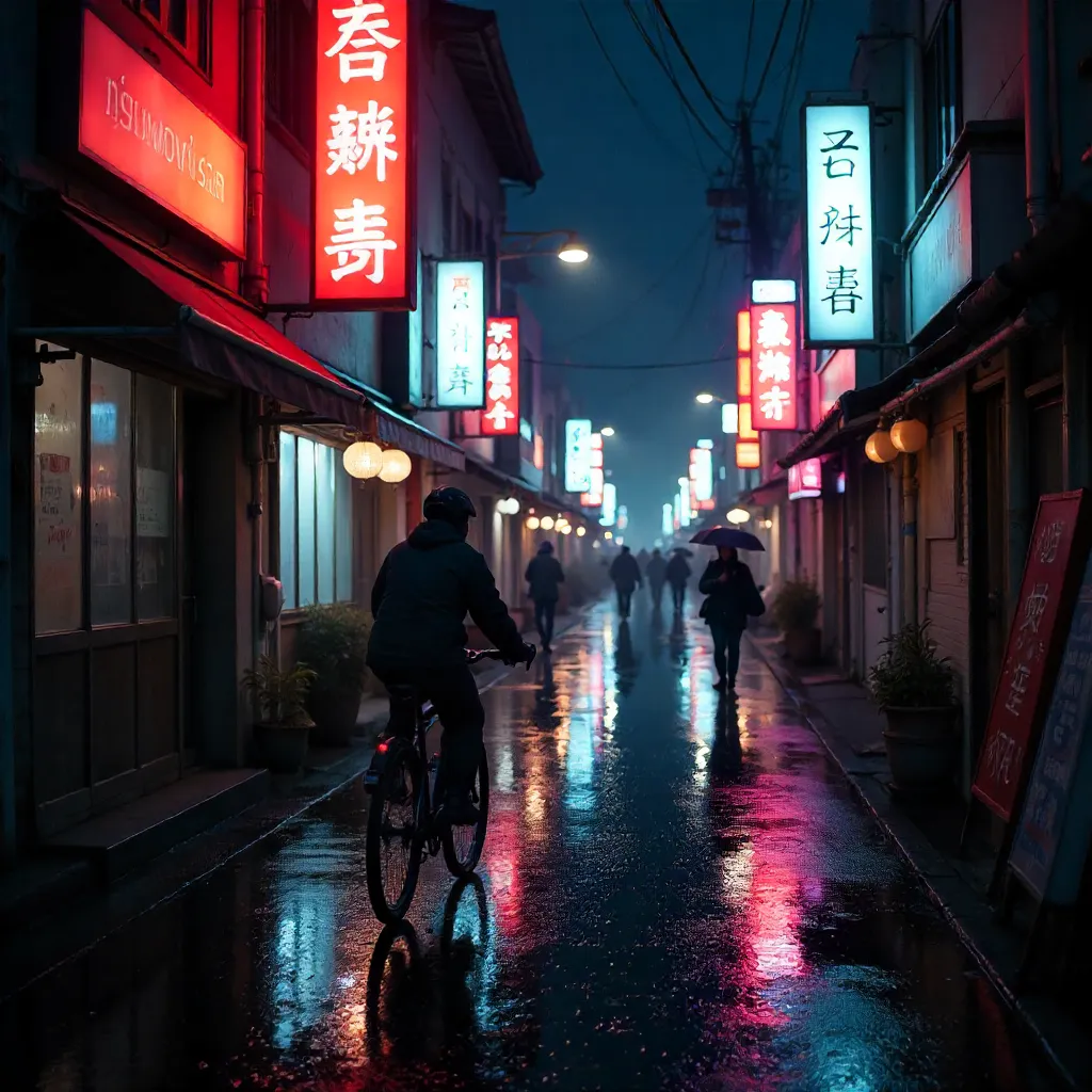 Neon Night on a Japanese Street: Cyclist and Pedestrians