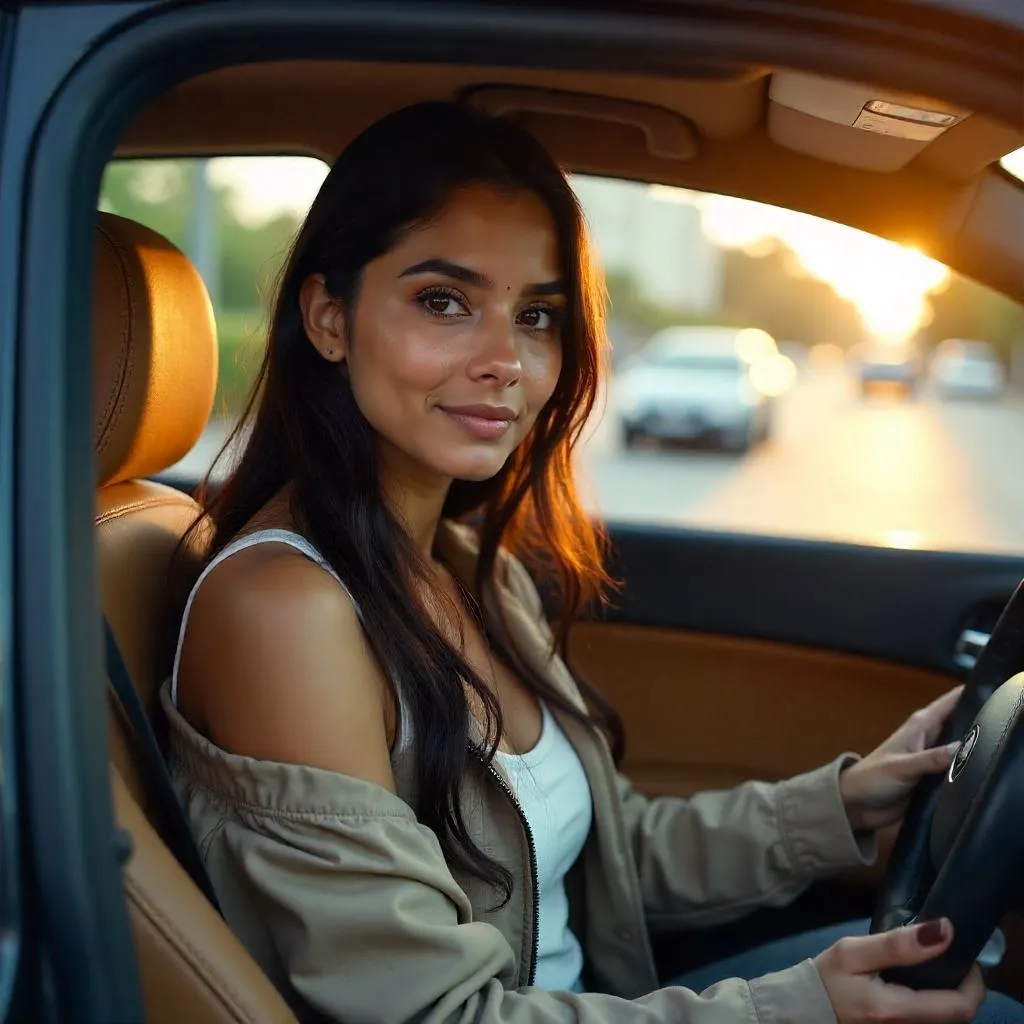 Photorealistic Portrait: Young Indian Woman in a Car