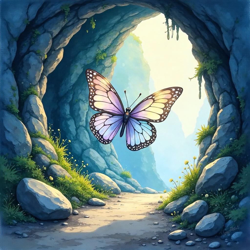 Watercolor Butterfly Wanders Through Underground Tunnels