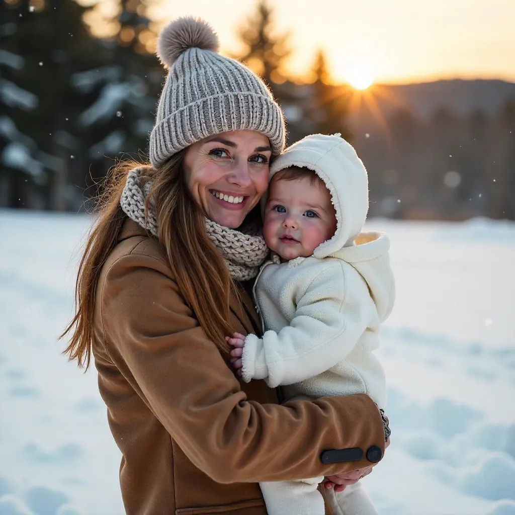 Serene Winter Moment: Mother with Baby in Snow