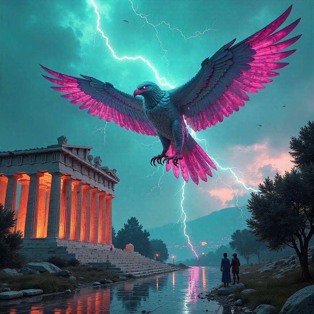 Neon Thunderbird Over Parthenon: Cyberpunk Greece