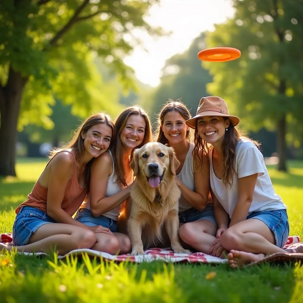 Joyful Outdoor Moment with Friends and a Dog