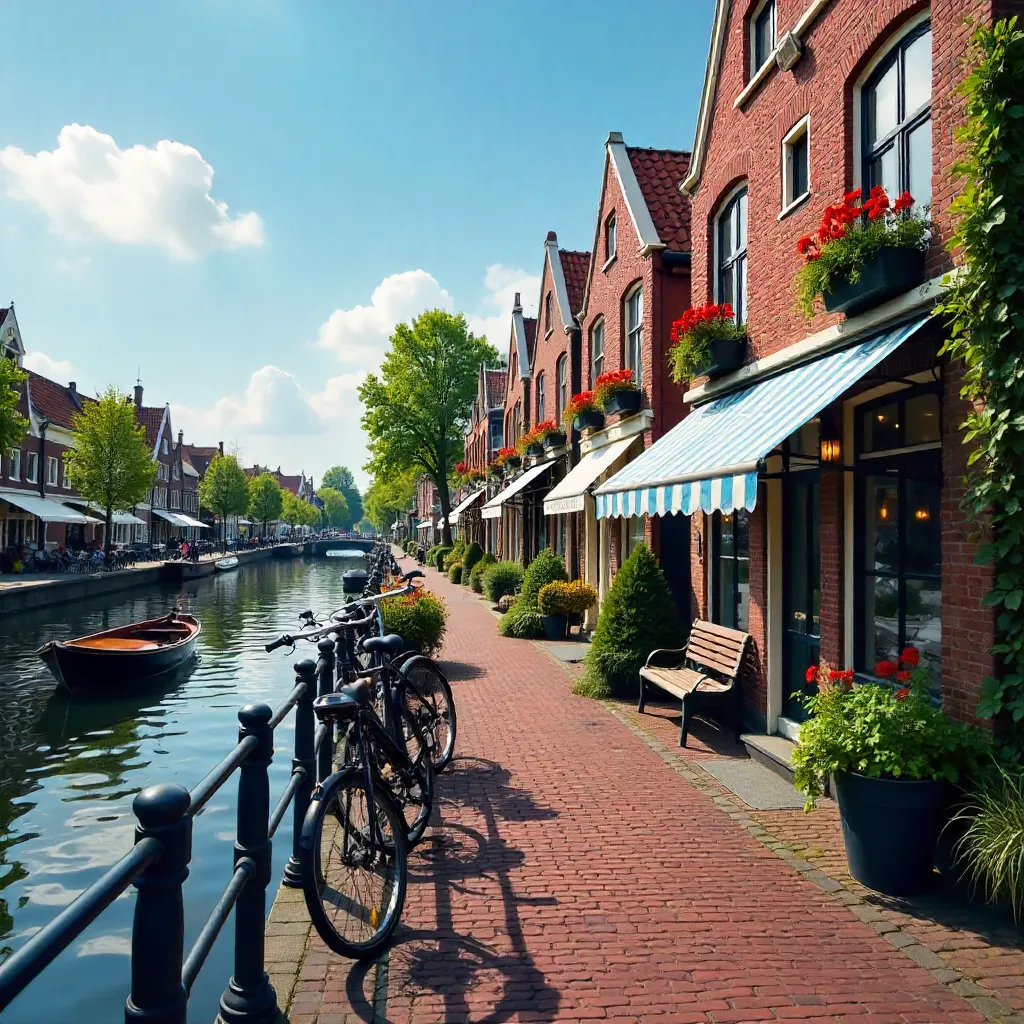 Quaint Volendam Street with Striped Awnings and Bicycles