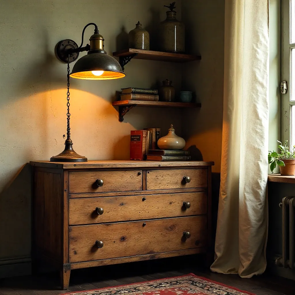 Warm Vintage Interior with Industrial Lamp and Wooden Furniture