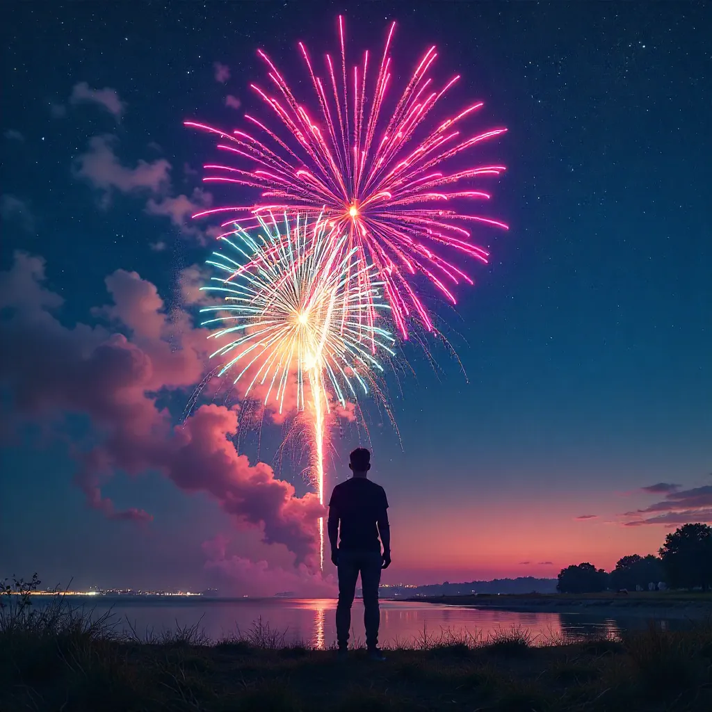 Silhouette Under a Firework Night Sky