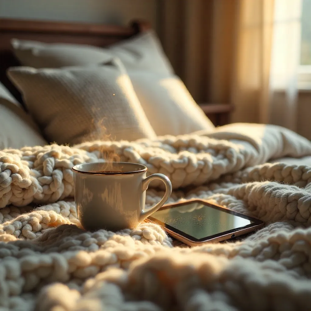 Cozy Bedside Setup: Coffee Cup and Tablet on the Bed