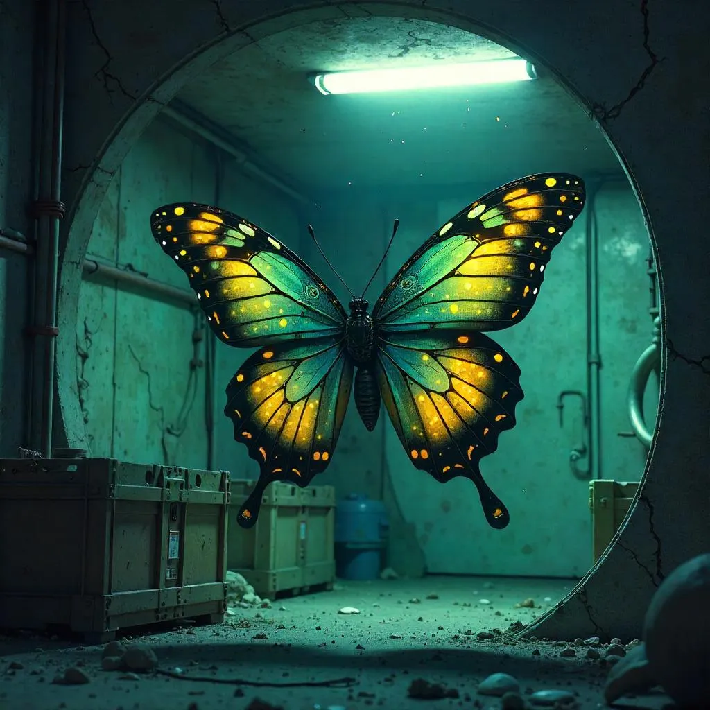 Neon Winged Butterfly in a Concrete Bunker