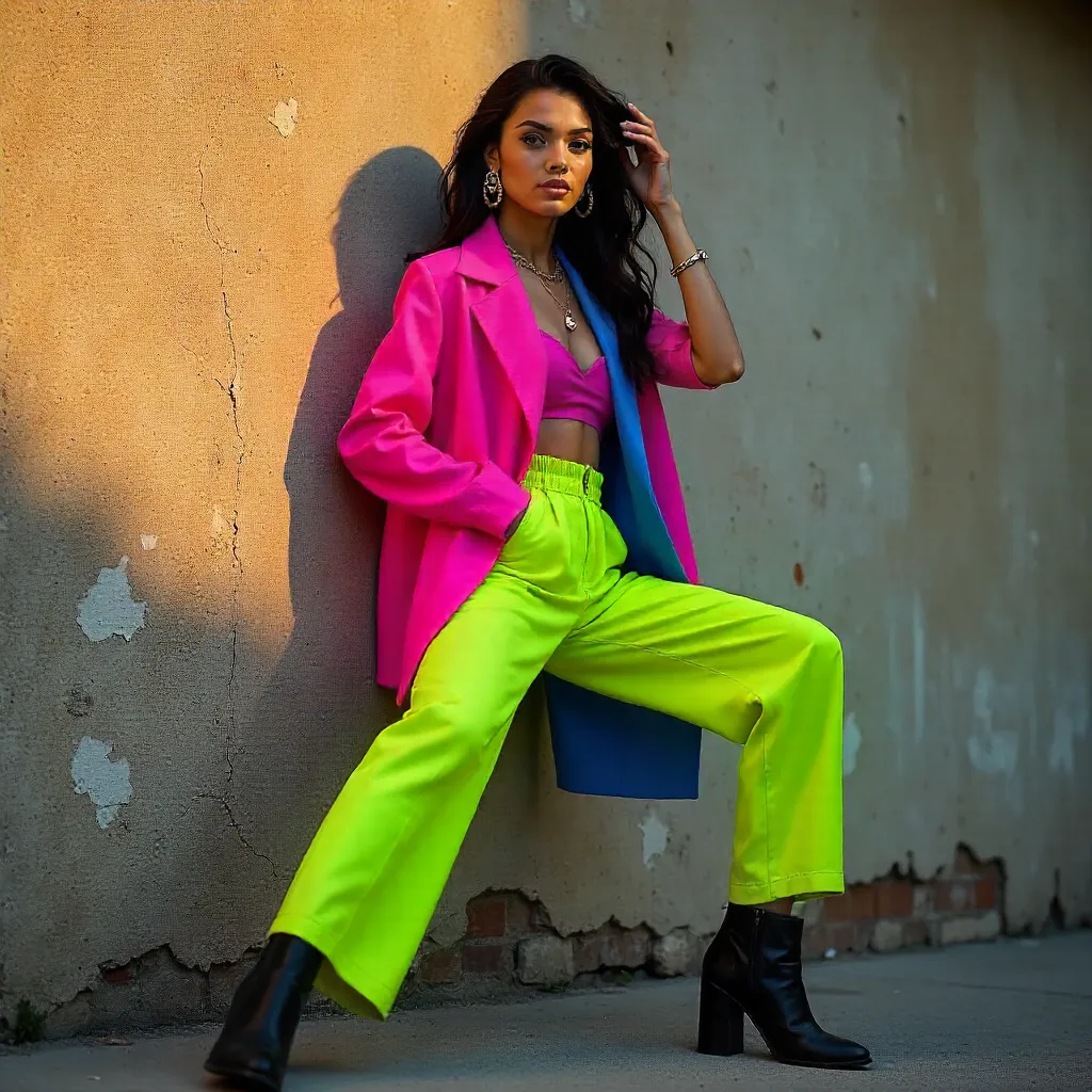 Vibrant Street-Chic Pose by Textured Wall