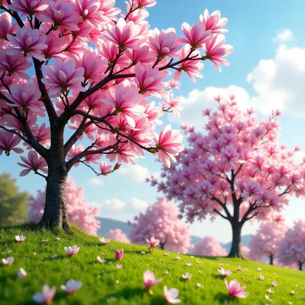 Pink Magnolia Bloom Under a Bright Spring Sky