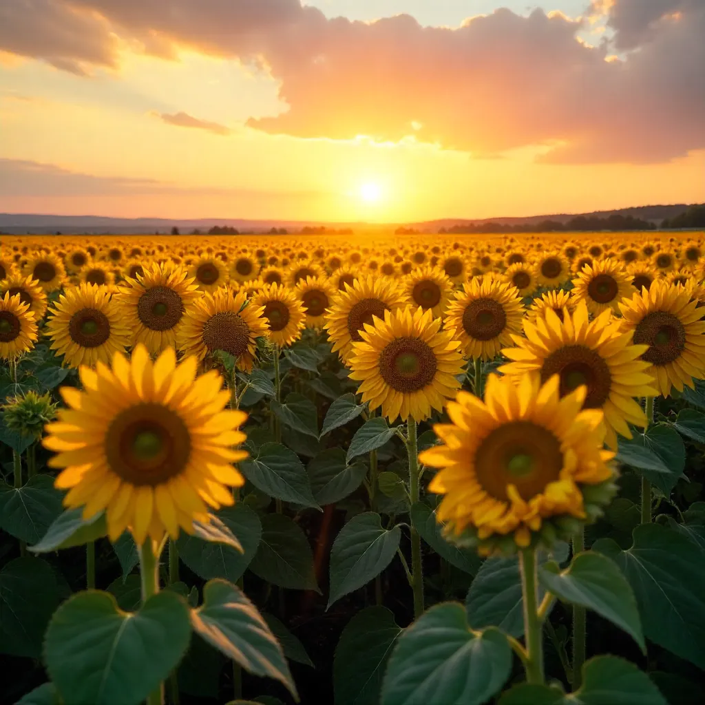 Golden Hour: A Vast Sunflower Field at Sunset