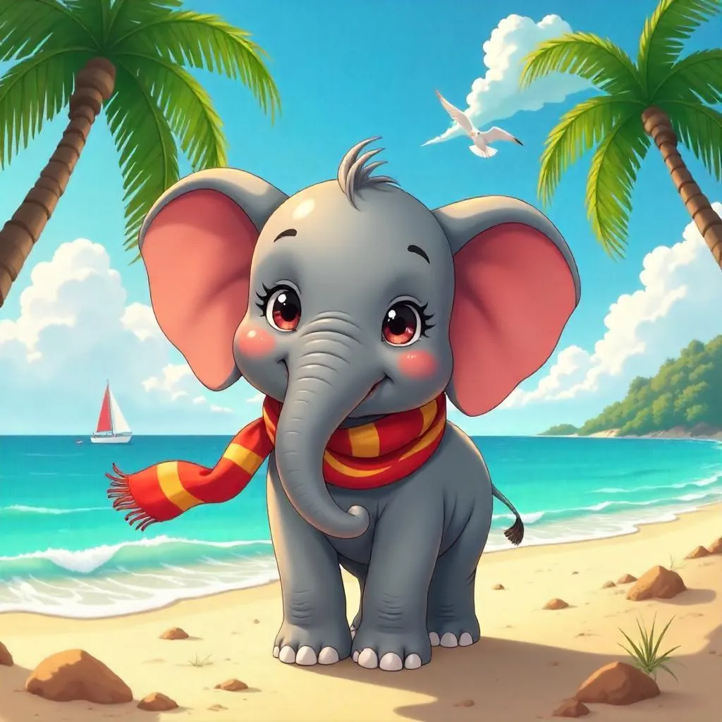 Kawaii Anime Elephant on a Sunny Beach