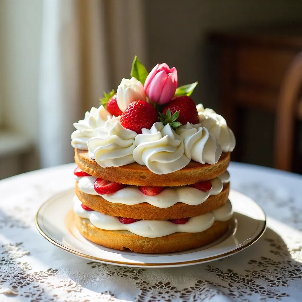 Elegant Strawberry Cake with Tulips on Lace Table