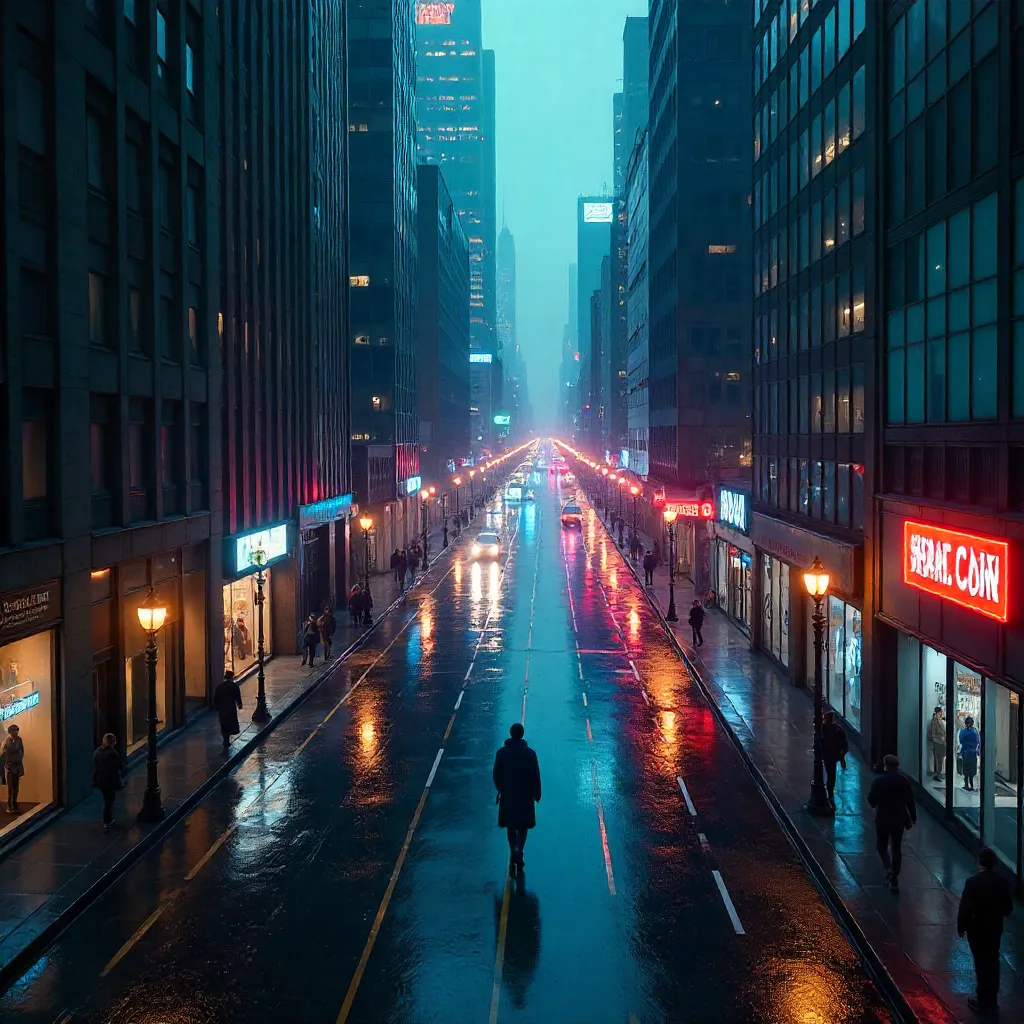 Bird's-Eye View: A Lone Pedestrian in Neon City