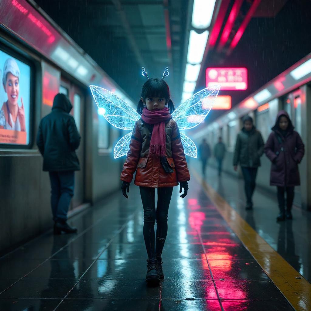 Neon Pixie in a Cyberpunk Subway Station