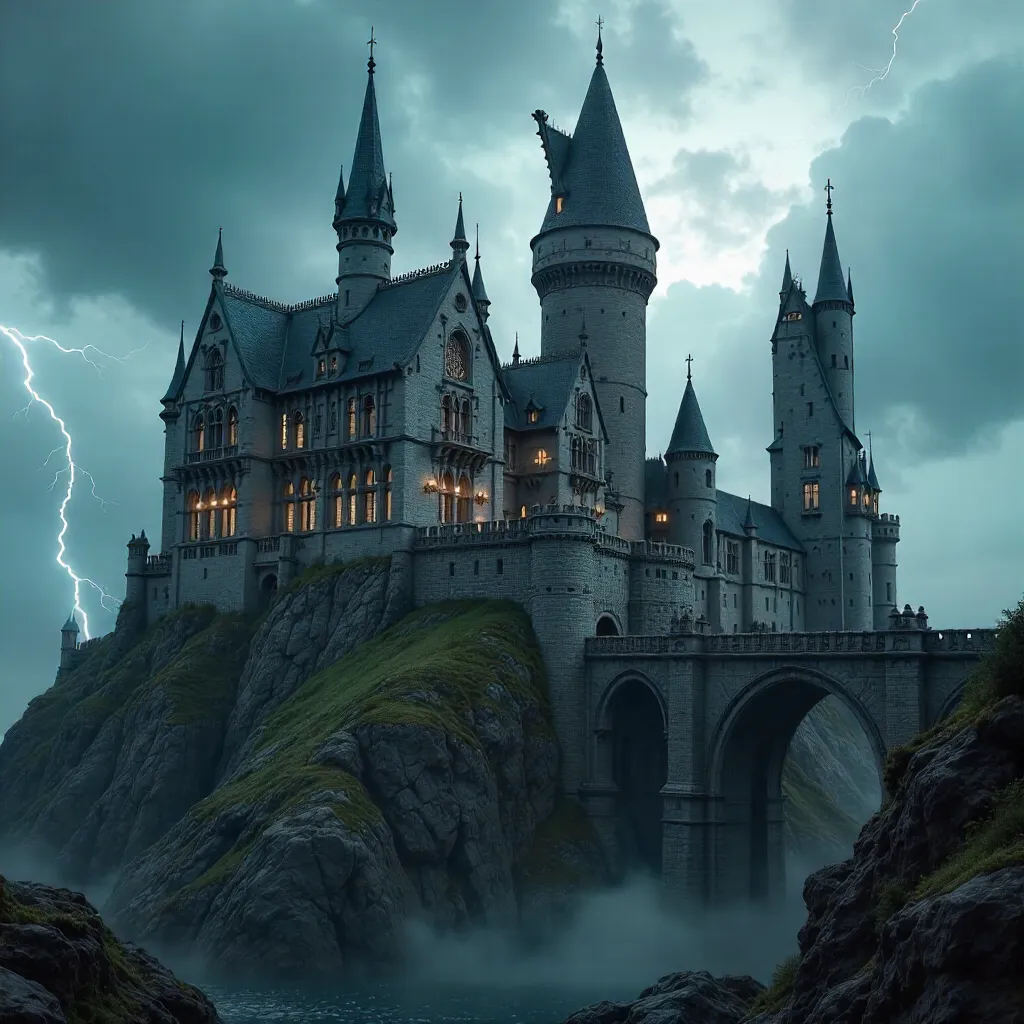 Stormy Gothic Revival Castle Under Dramatic Sky