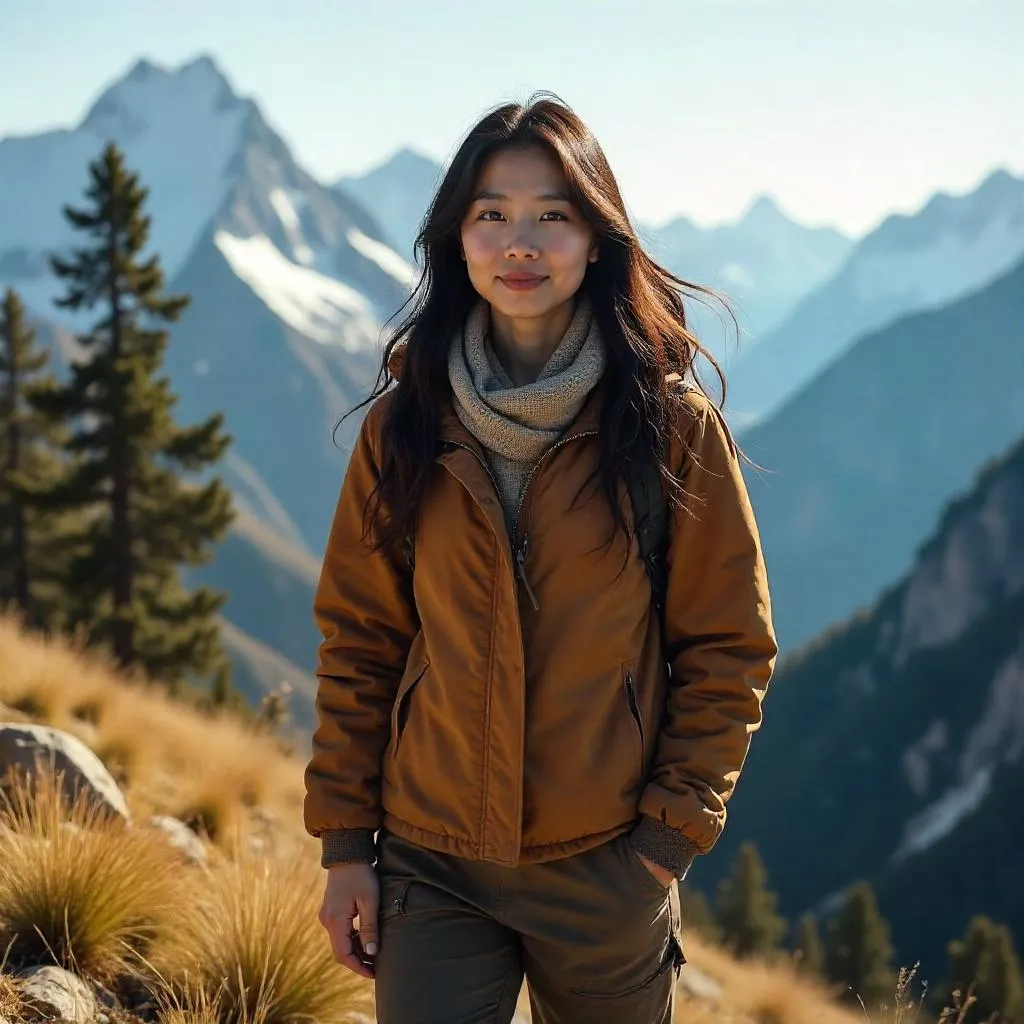 Photorealistic Portrait: Asian Woman in Mountain Majesty