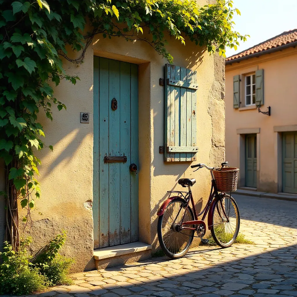Rustic Doorway, Shutters and a Vintage Bicycle in a French Village