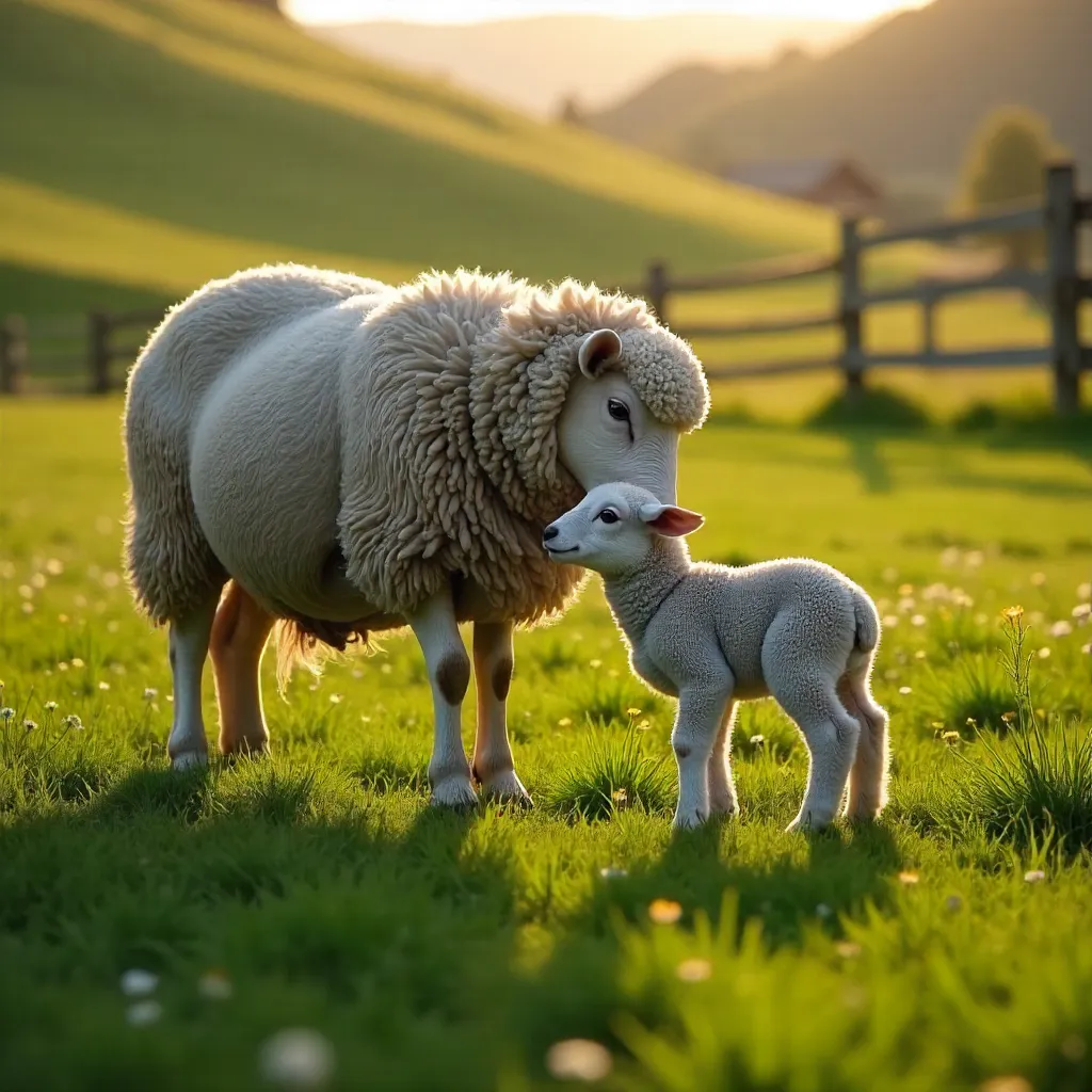 Nurturing Mother Sheep and Lamb in a Verdant Field