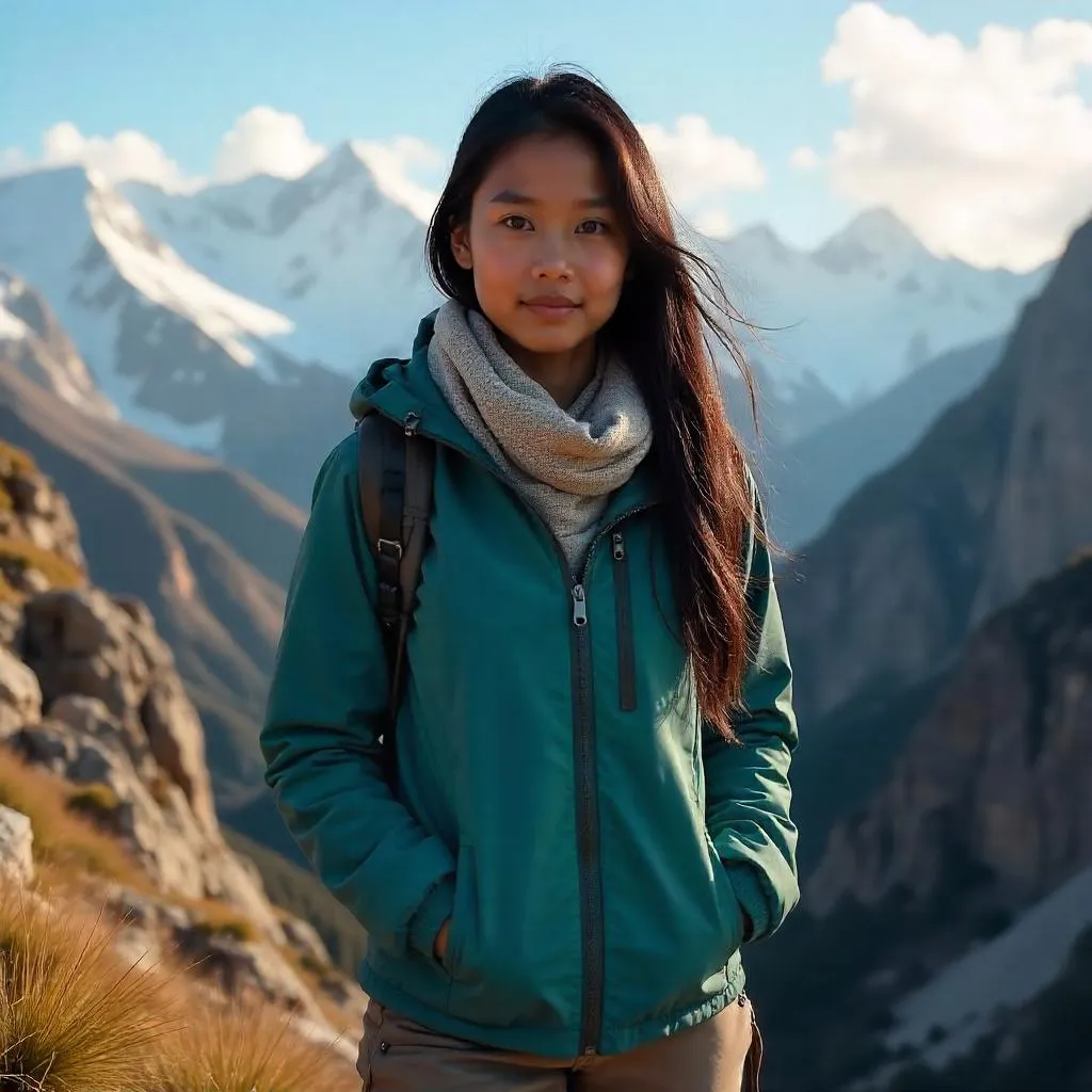 Photorealistic portrait of a young Indian woman in the mountains