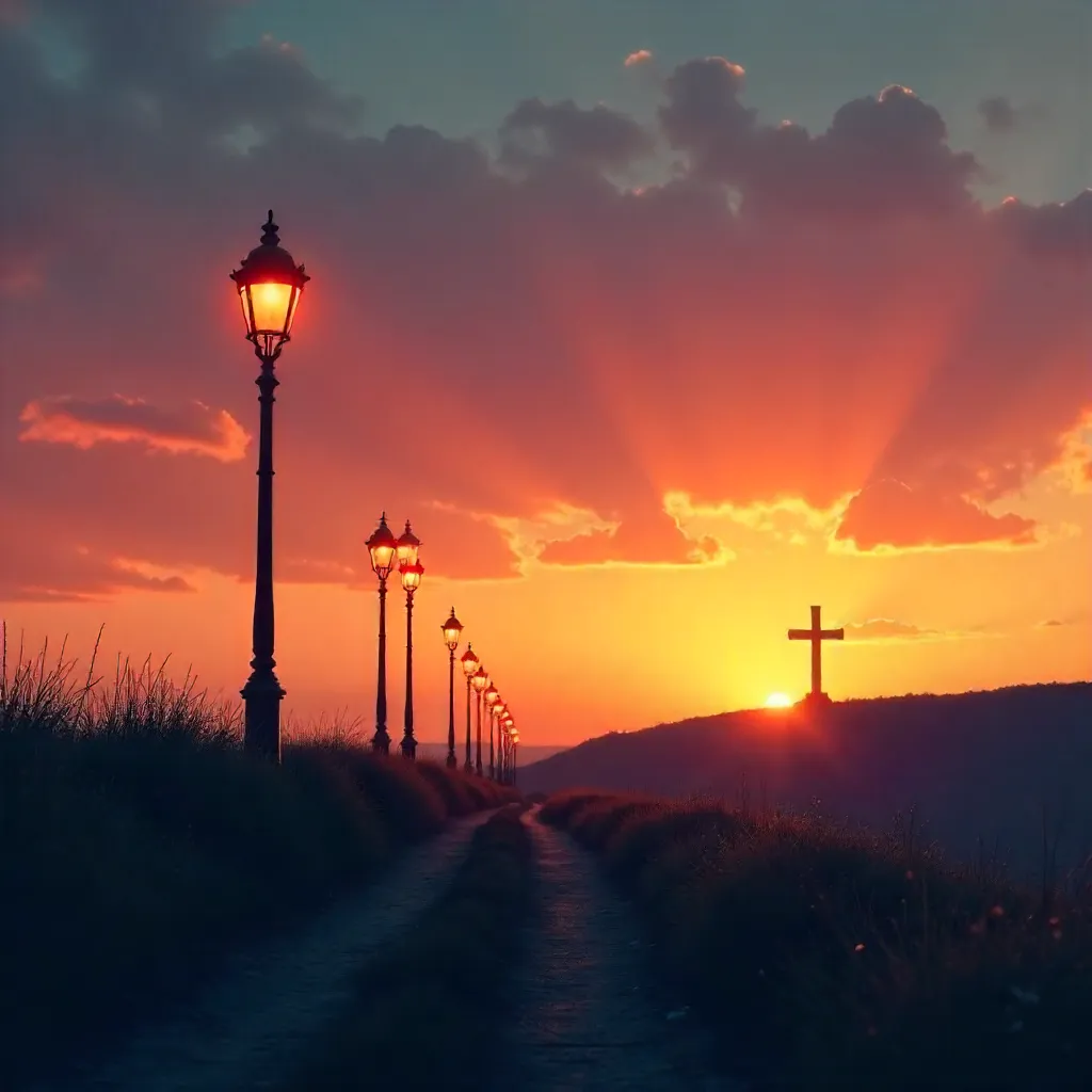 Silhouetted Lampposts and Cross at Sunset