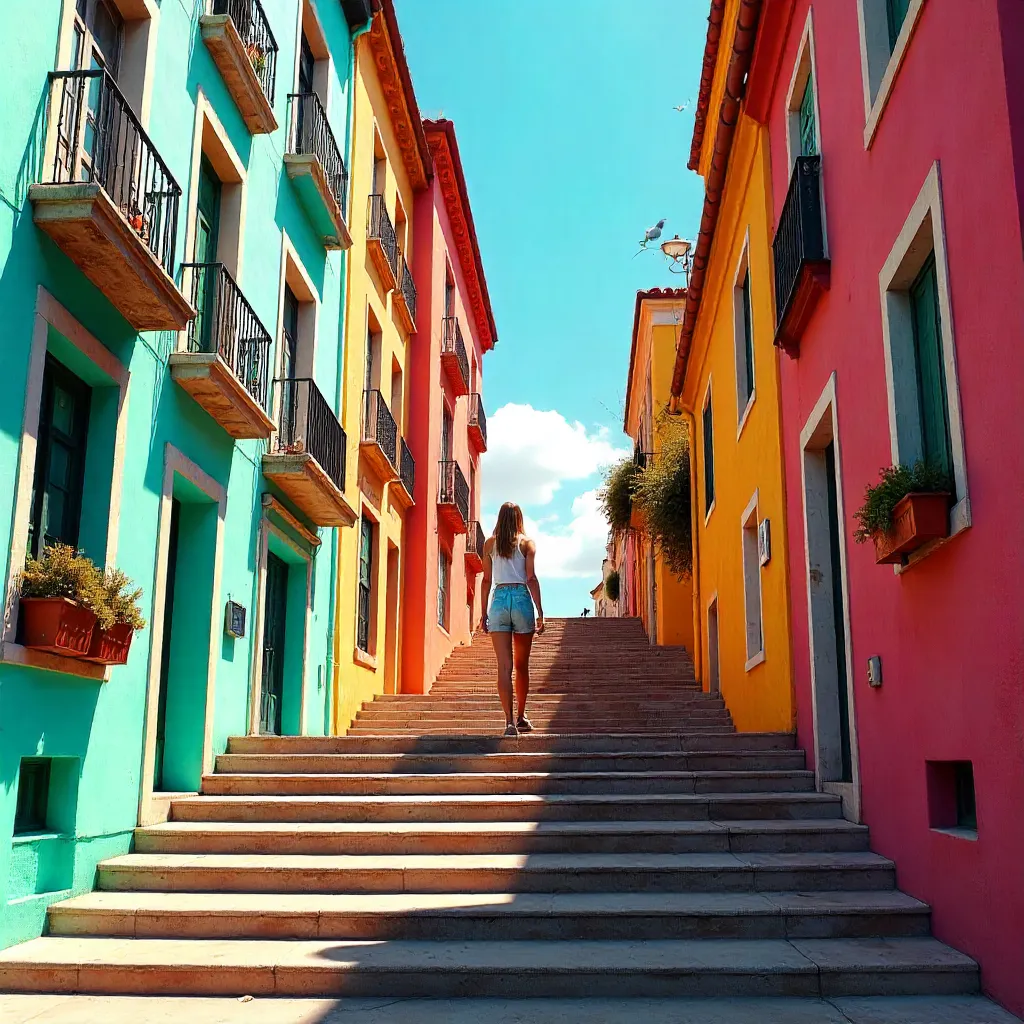 Sunlit Steps Beside Colorful City Buildings