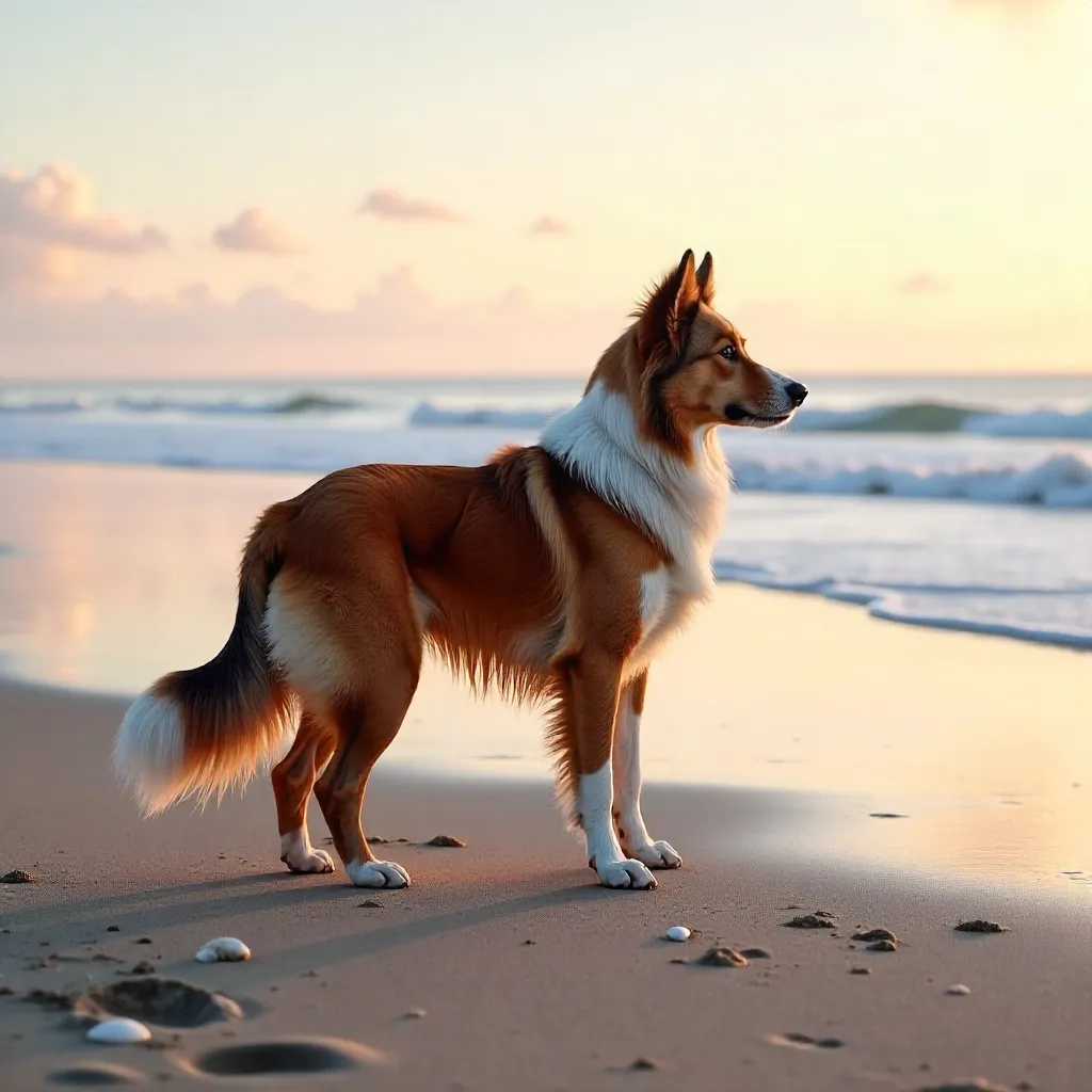 Brown Border Collie on a Deserted Beach at Dawn