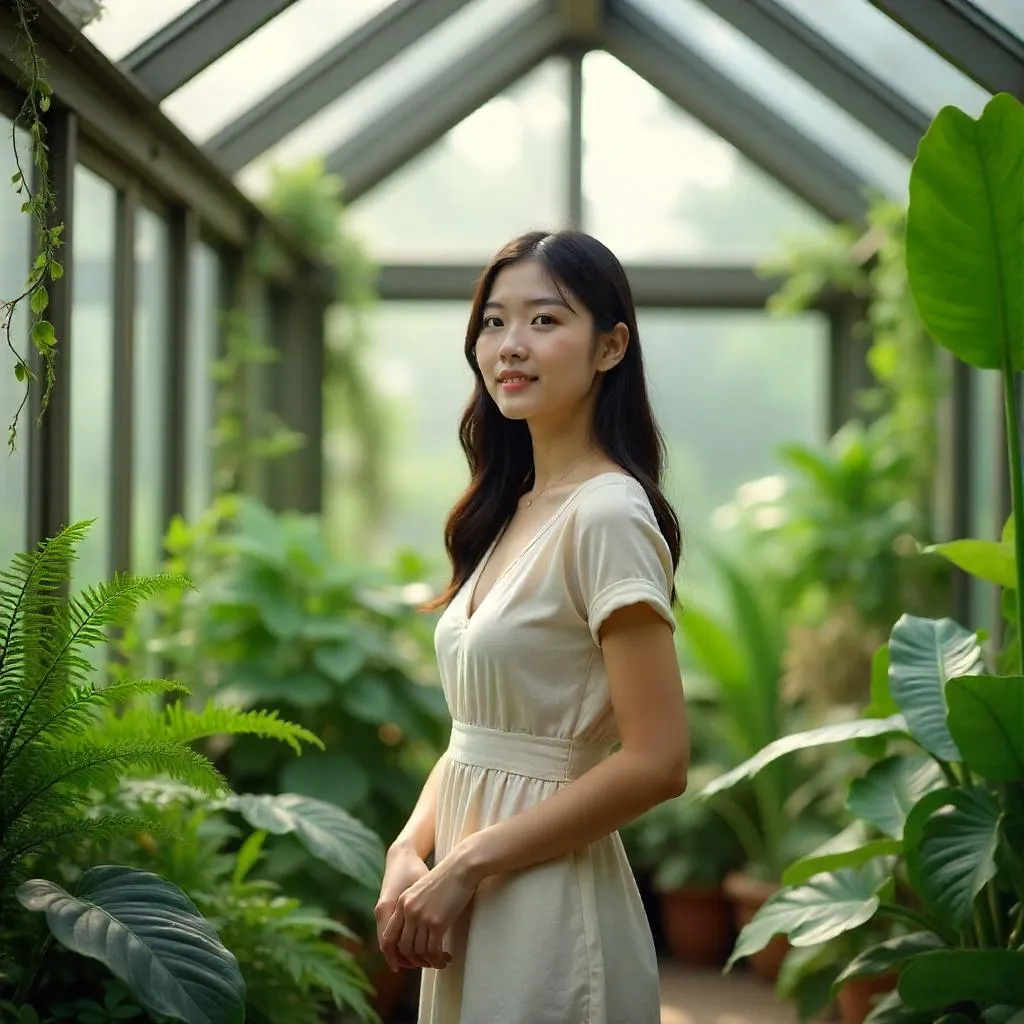 Portrait of a Young Asian Woman in a Lush Conservatory