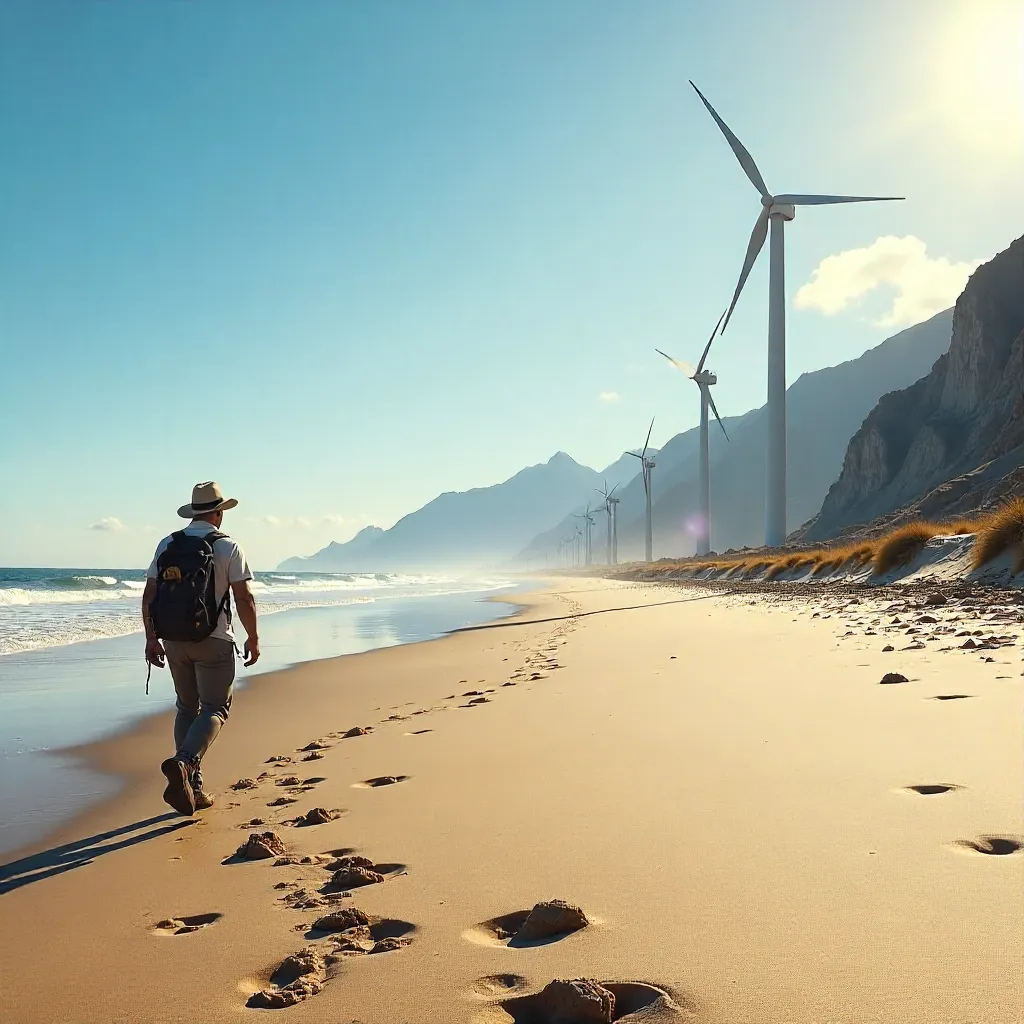 Solitary Trekker on a Beach with Mountains and Wind Turbines