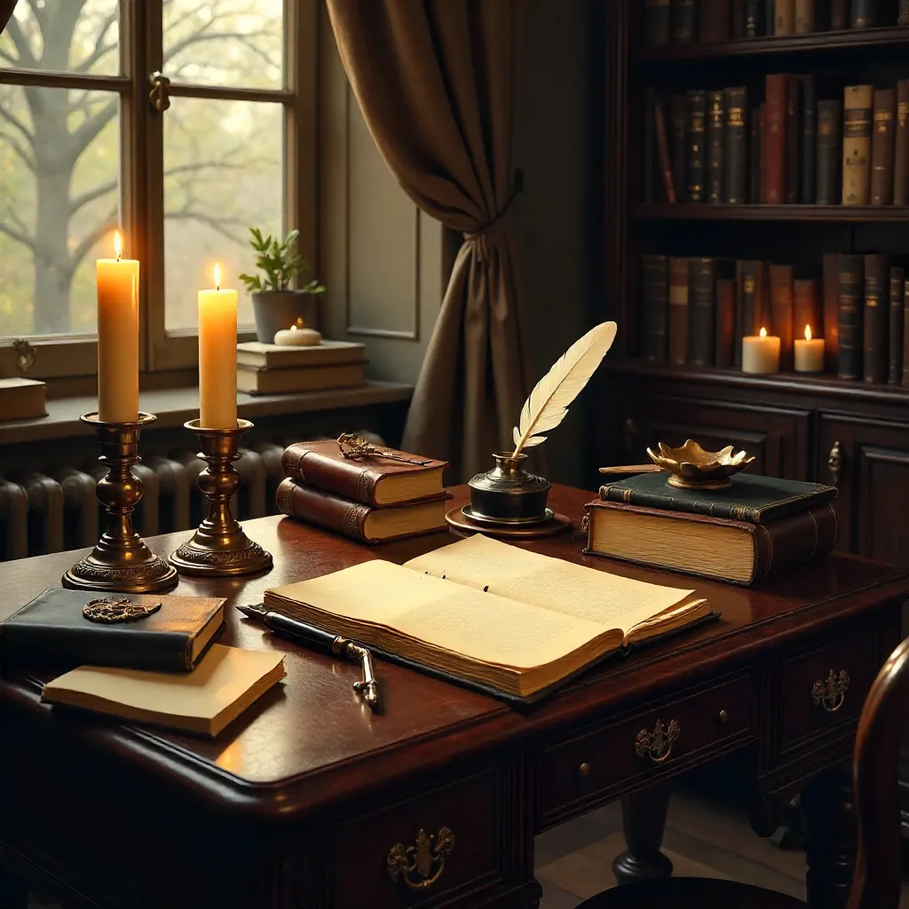 Warm Vintage Writing Desk Bathed in Candlelight