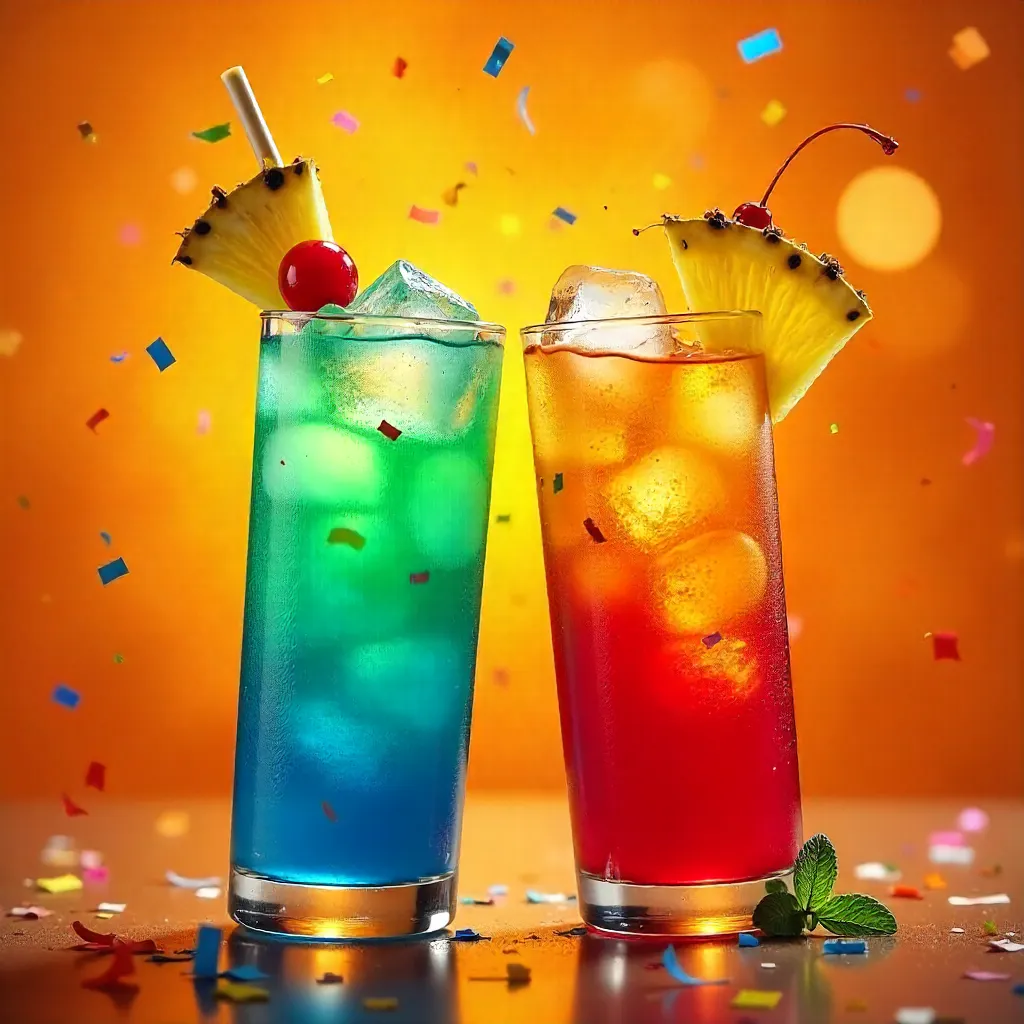 Two Colorful Cocktails Toasting on Orange Glow