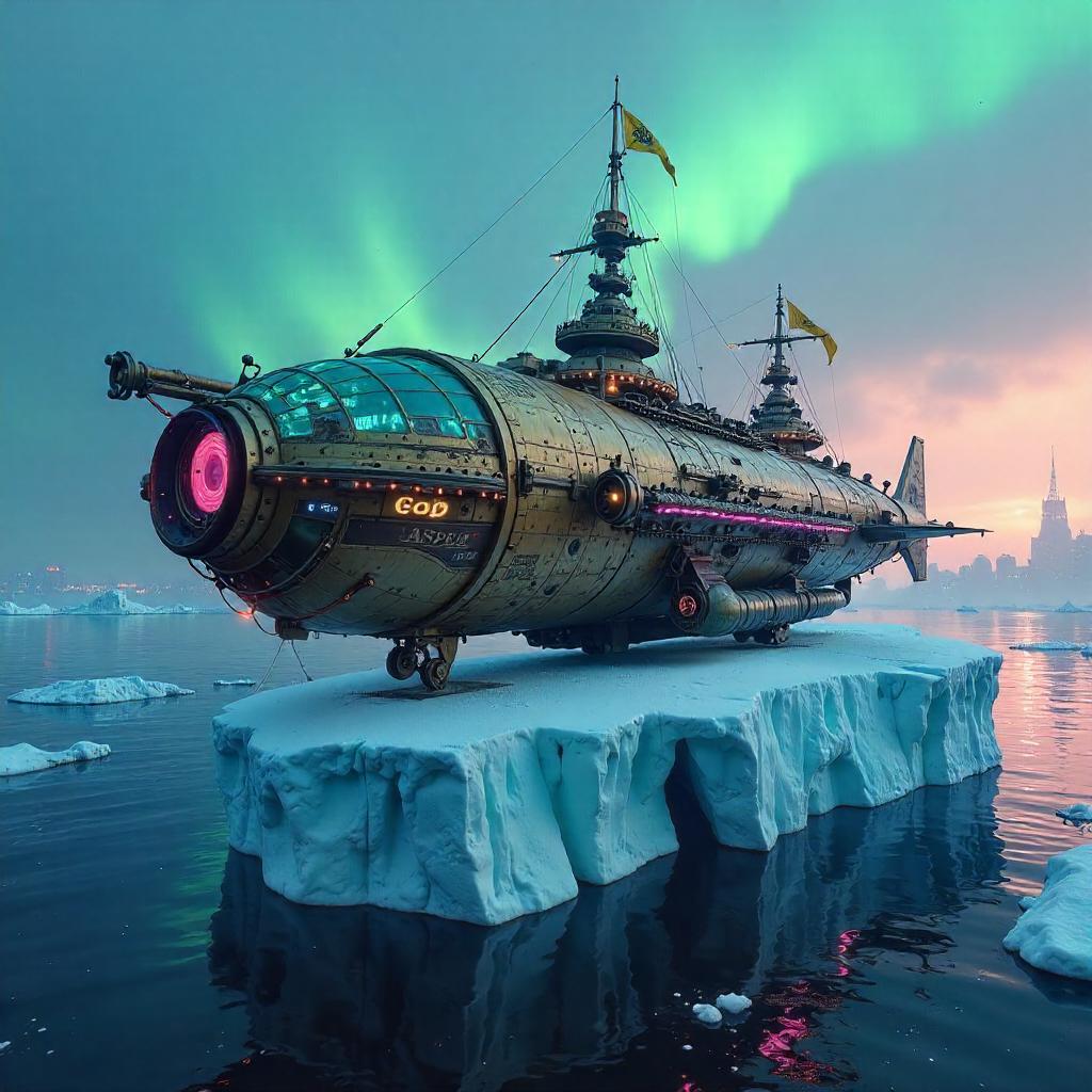 Neon Airship Over a Floating Arctic Iceberg