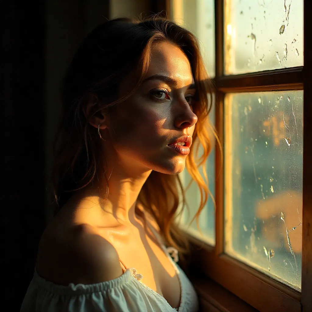 Sunlit Glass Portrait: Expressive Shadowed Woman