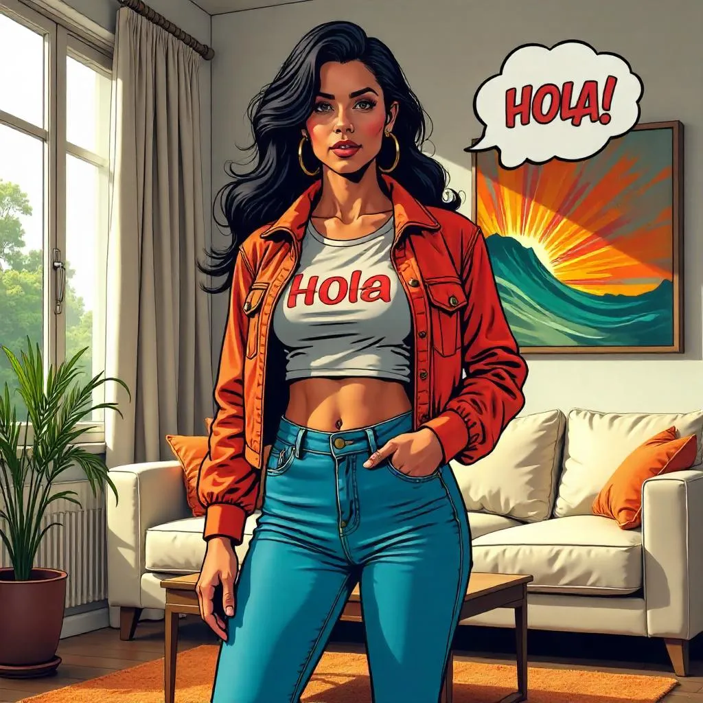 Stylish Latina in a Comic Living Room