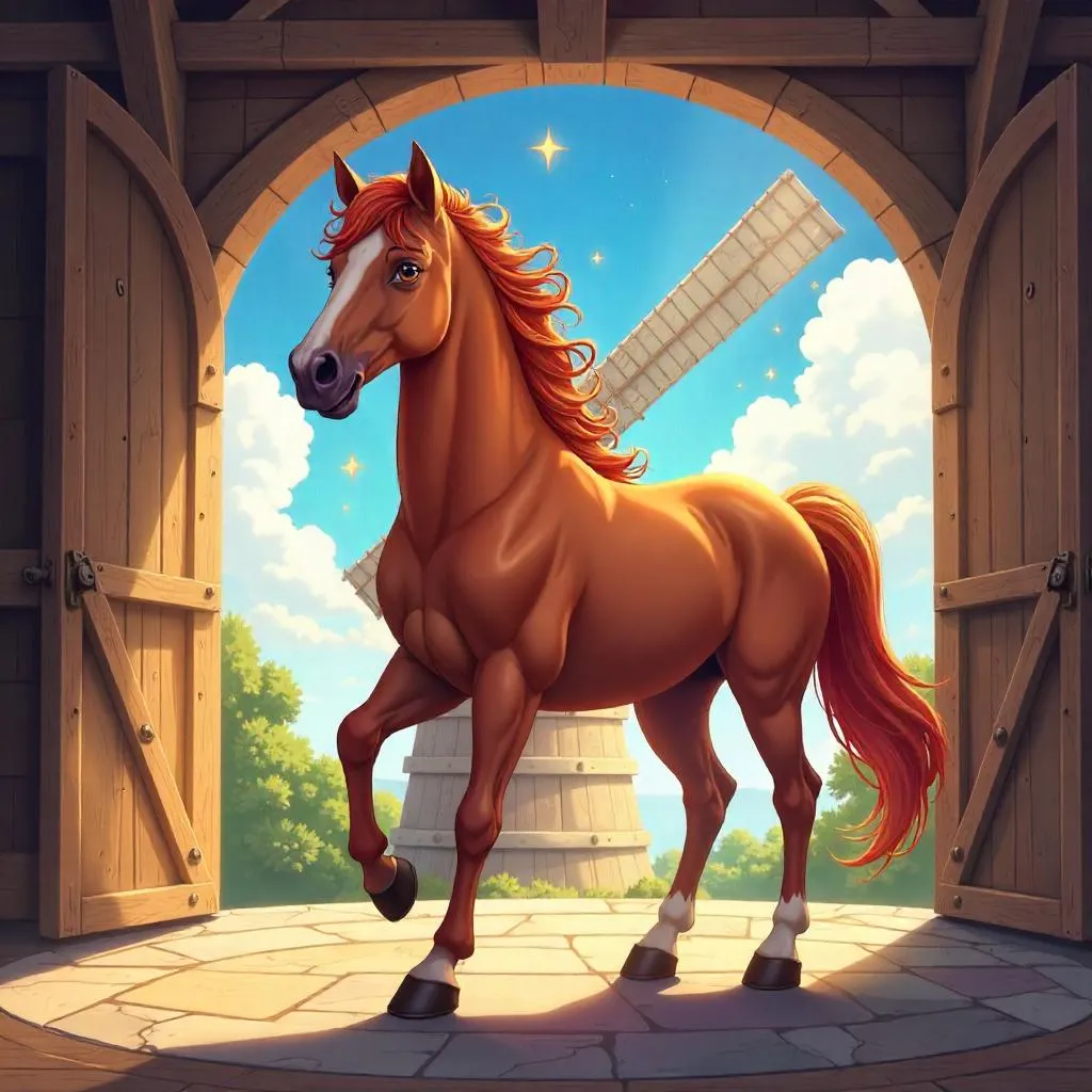 Whimsical Anime Horse Inside a Windmill