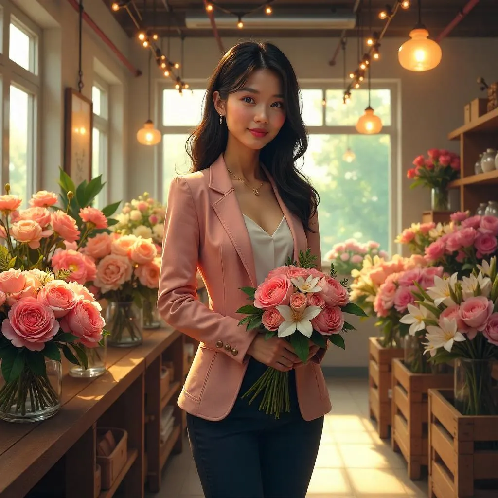 Confident Asian Woman in a Flower Shop - Concept Art