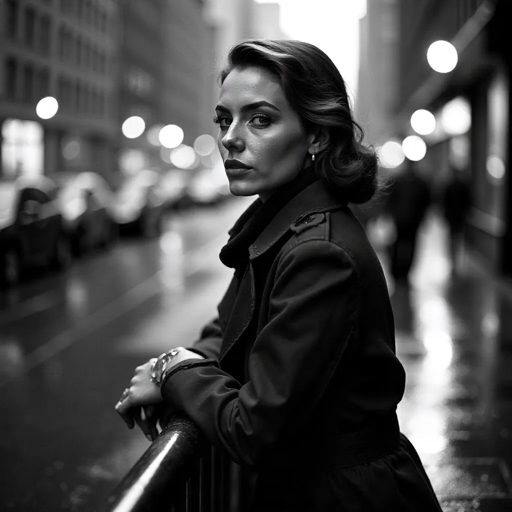 Monochrome Portrait of a Woman Leaning on a City Railing