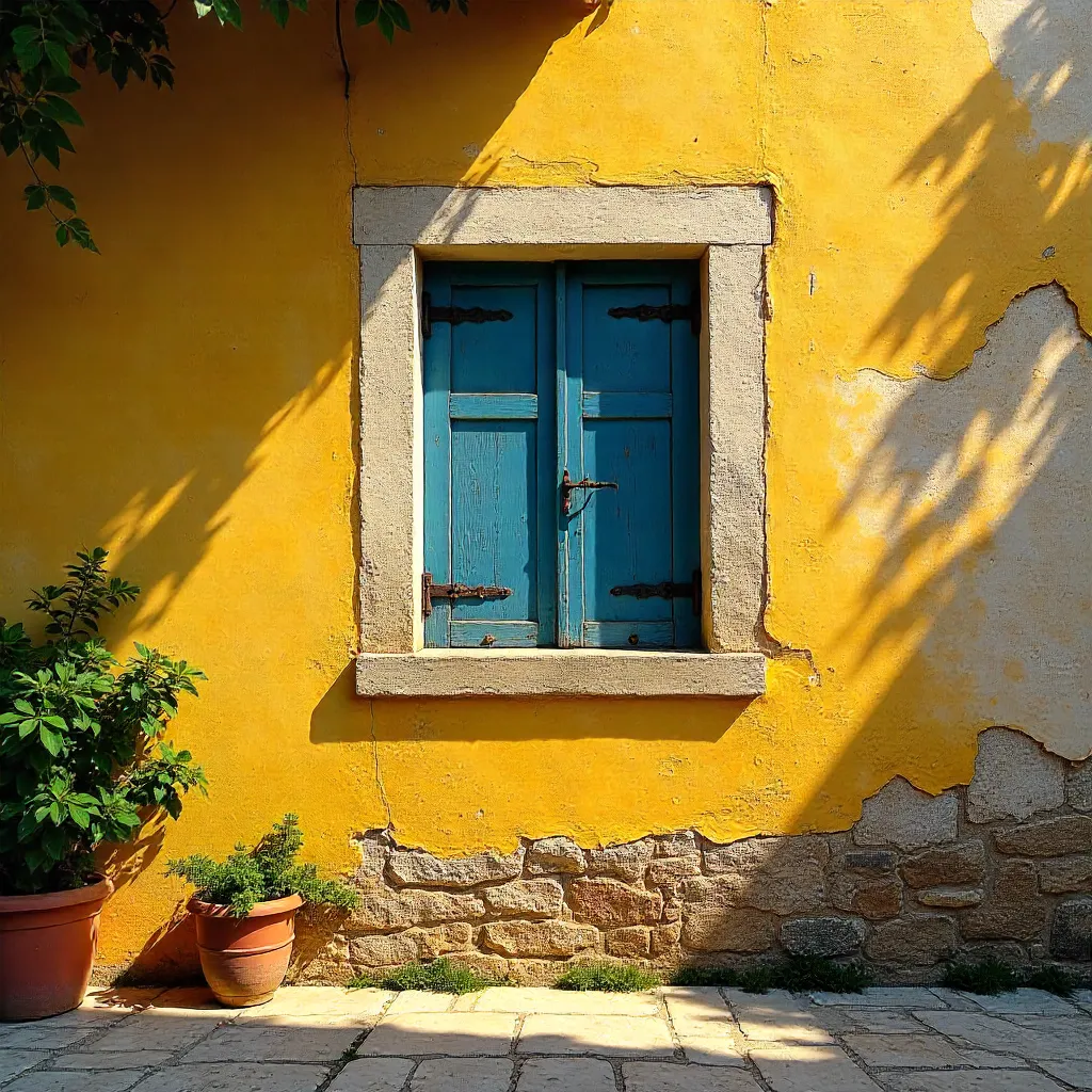 Rustic Corfu Wall: Yellow Paint and Closed Shutters