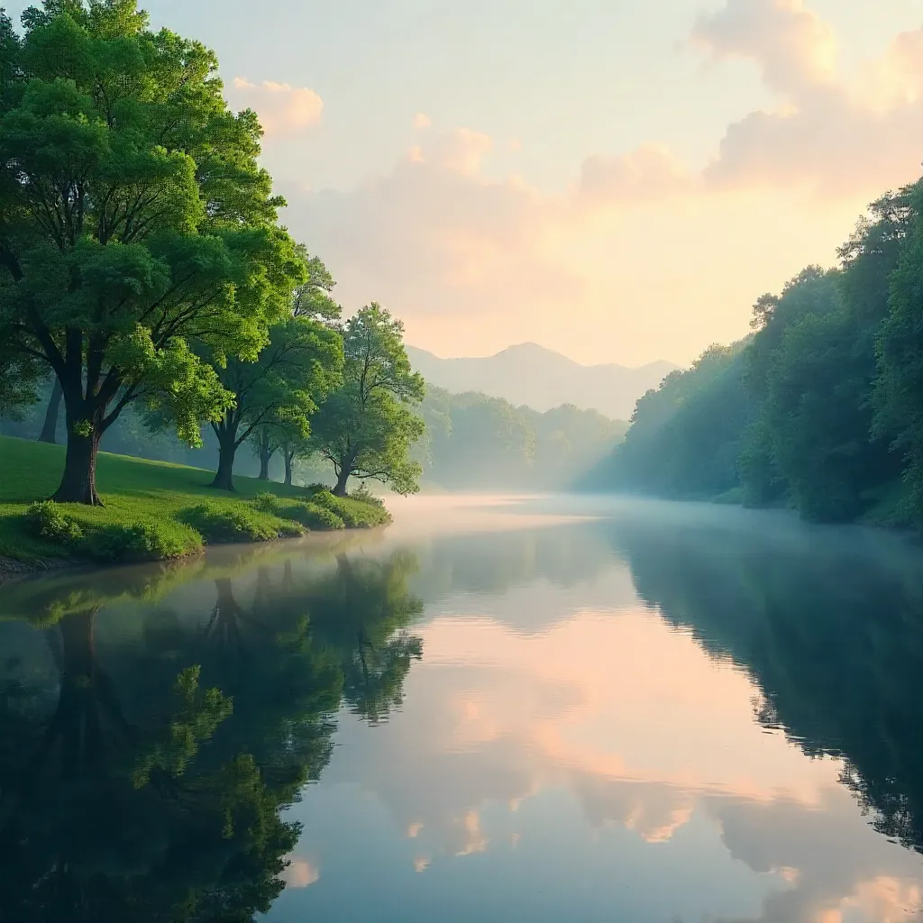 Lakeside Serenity: Reflections of Green Trees