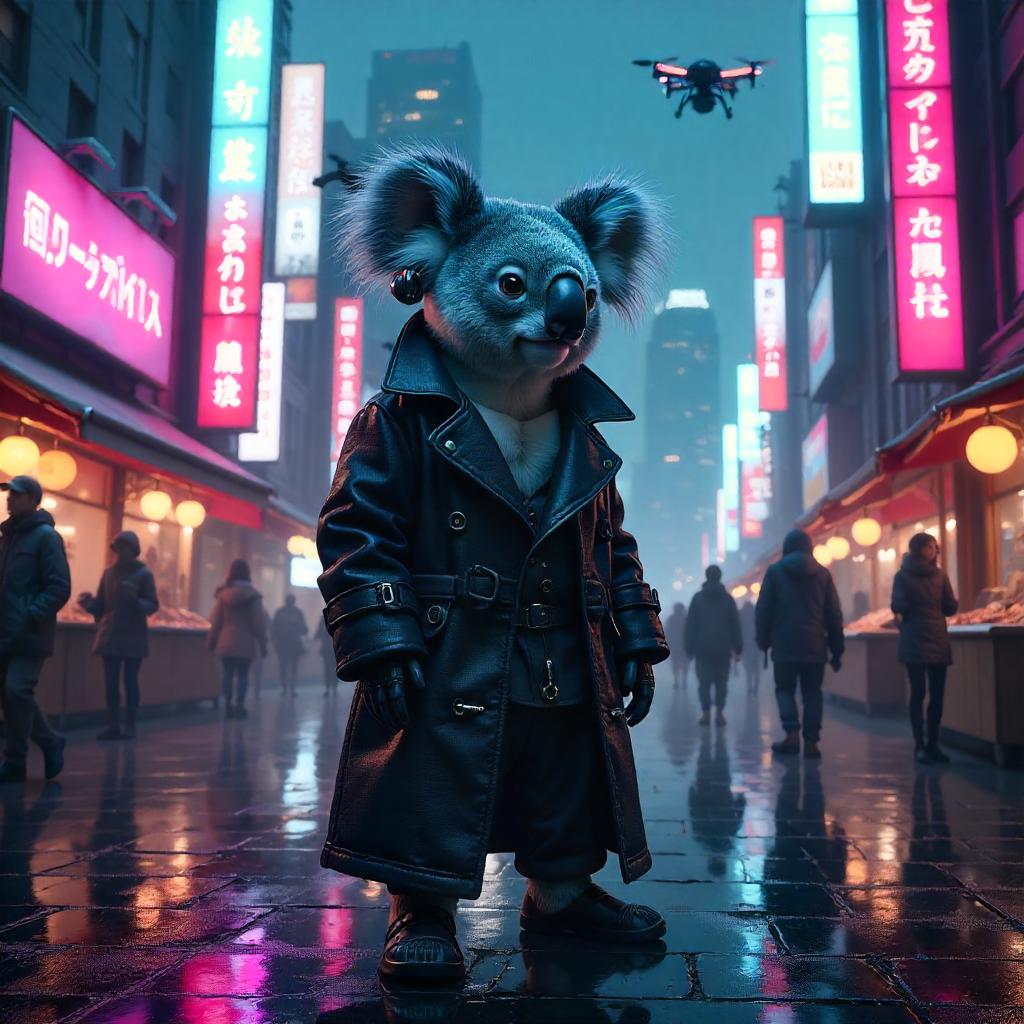 Neon Koala in a Cyberpunk Town Square