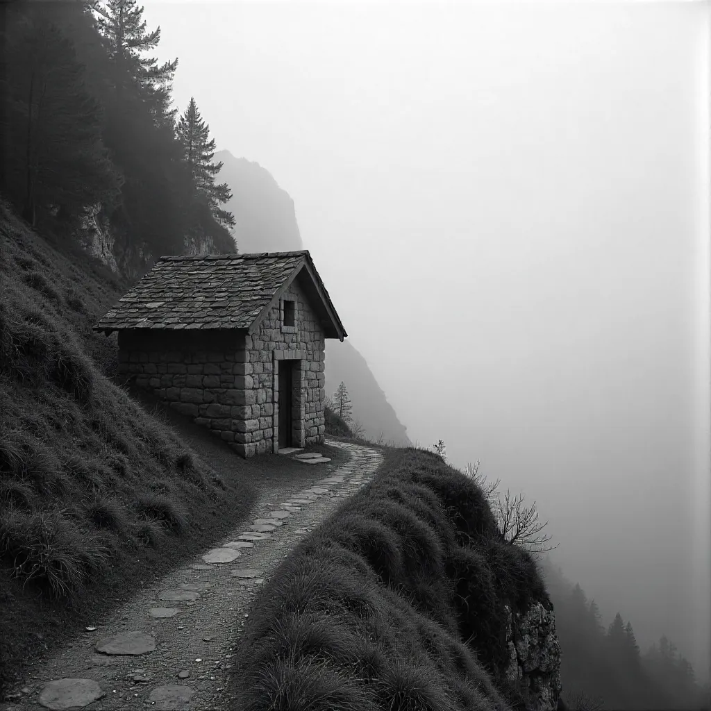Solitary Chapel on a Misty Mountain Path (B&W)