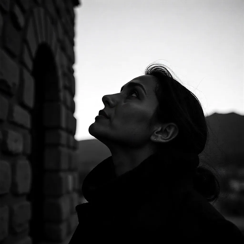 Gazing Up in Kayseri: Dramatic B&W Portrait