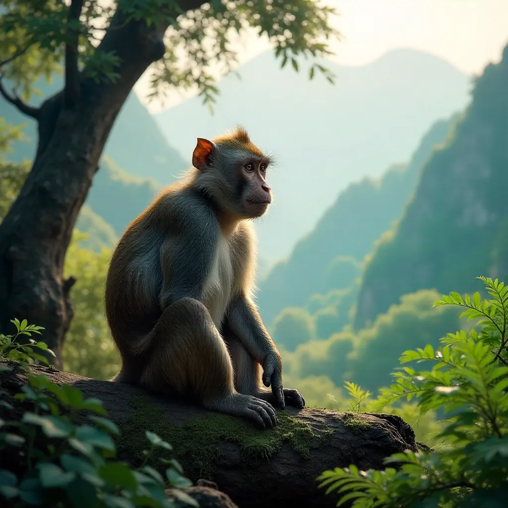 Mist-Cloaked Barbary Macaque in Moroccan Cedar Forest