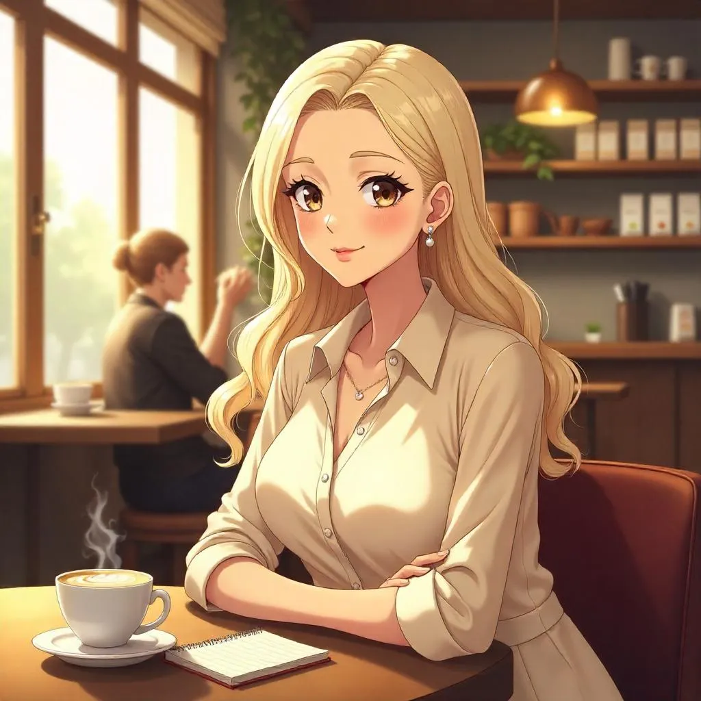 Elegant Anime Woman in a Cozy Coffee Shop