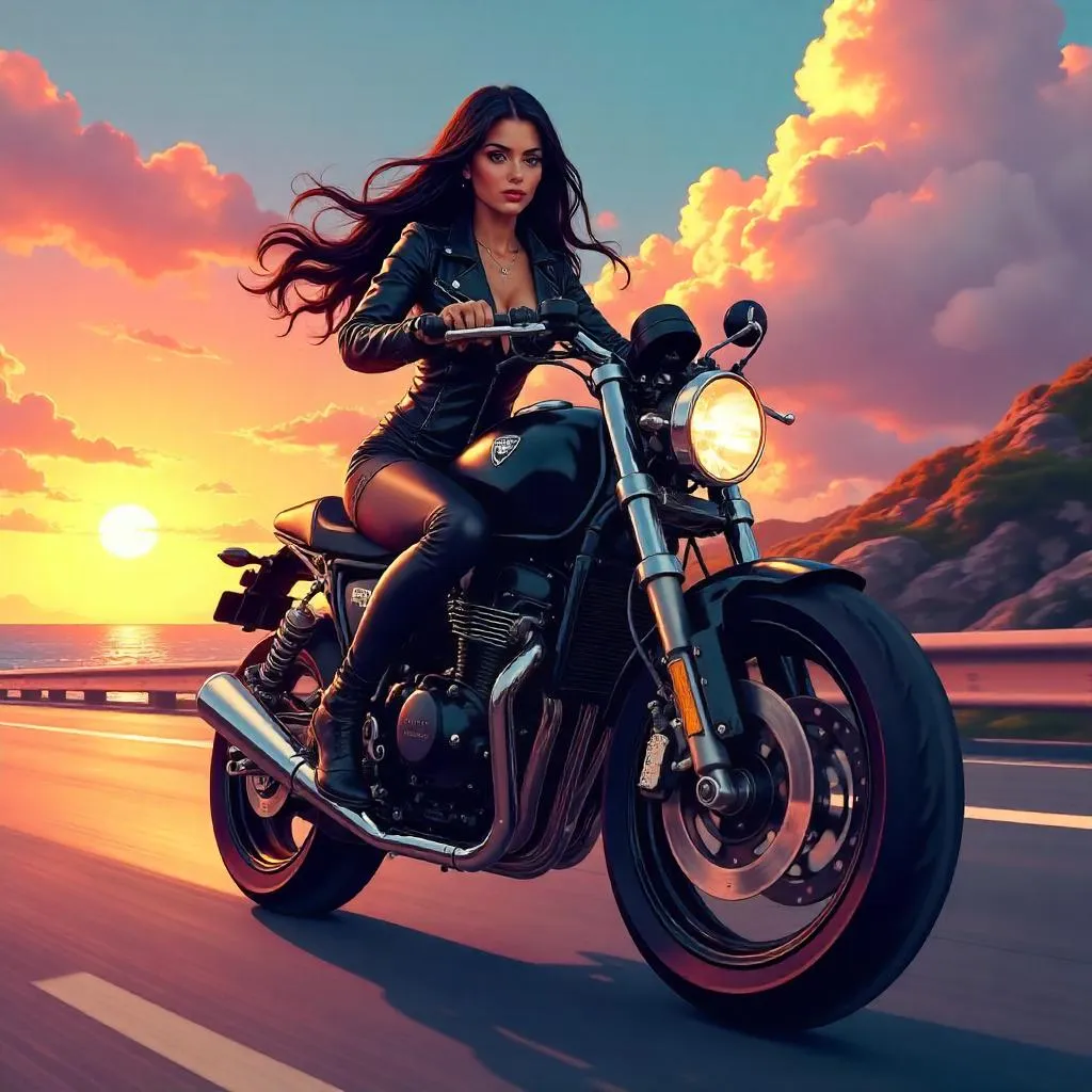 Latina Anime Rider on a Sleek Motorcycle