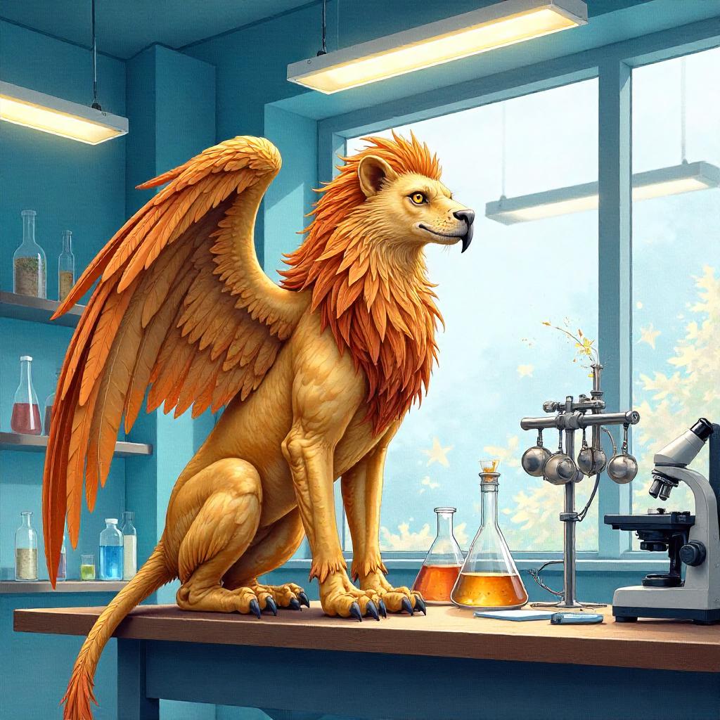 Watercolor Griffin in a Modern Laboratory