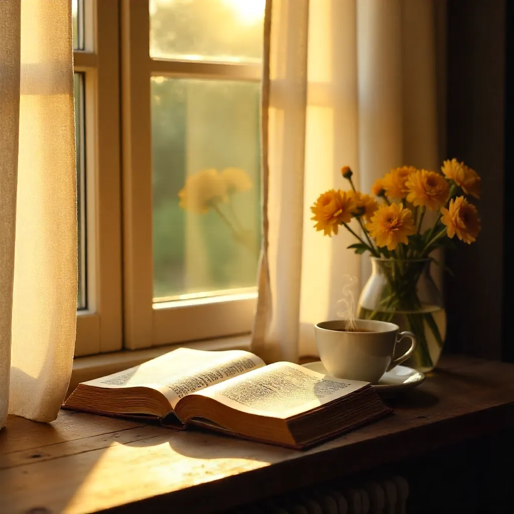 Sunlit Cozy Reading Nook with Tea and Yellow Flowers