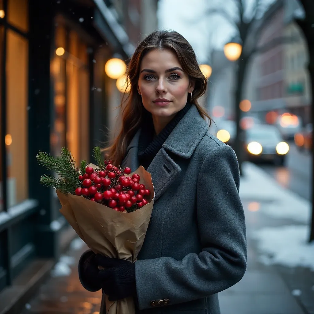 Winter Street Portrait: Gray Coat, Red-Berry Bouquet