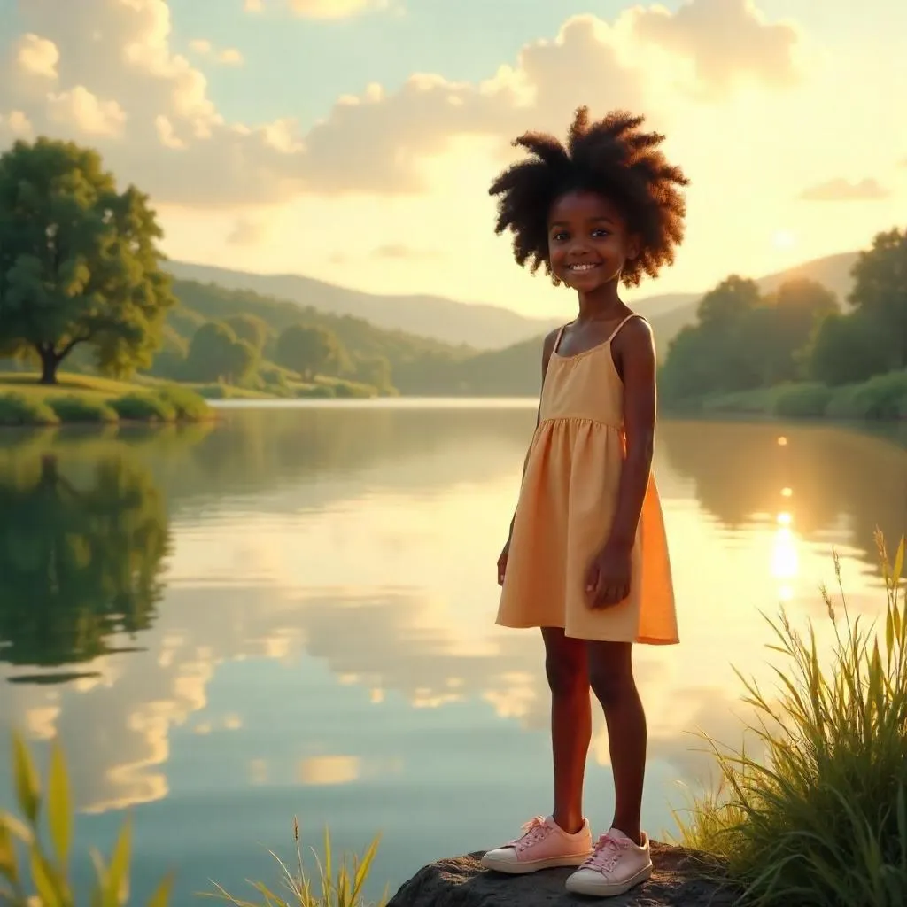 Cheerful Black Girl by a Lake, Photorealistic